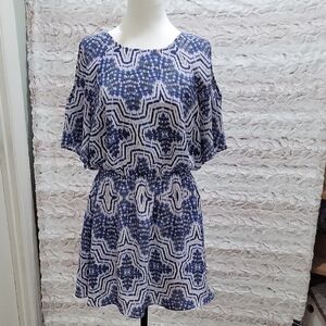 DR2 Blue & White Geometric Cold Shoulder Mini Dress Womens Sz L, Preppy, Classic